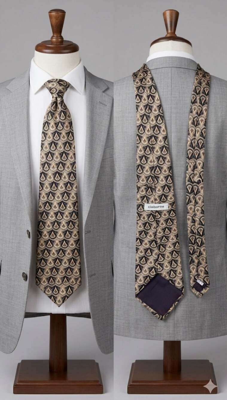 Claiborne Men's Geometric Pattern Silk Necktie Black Gold